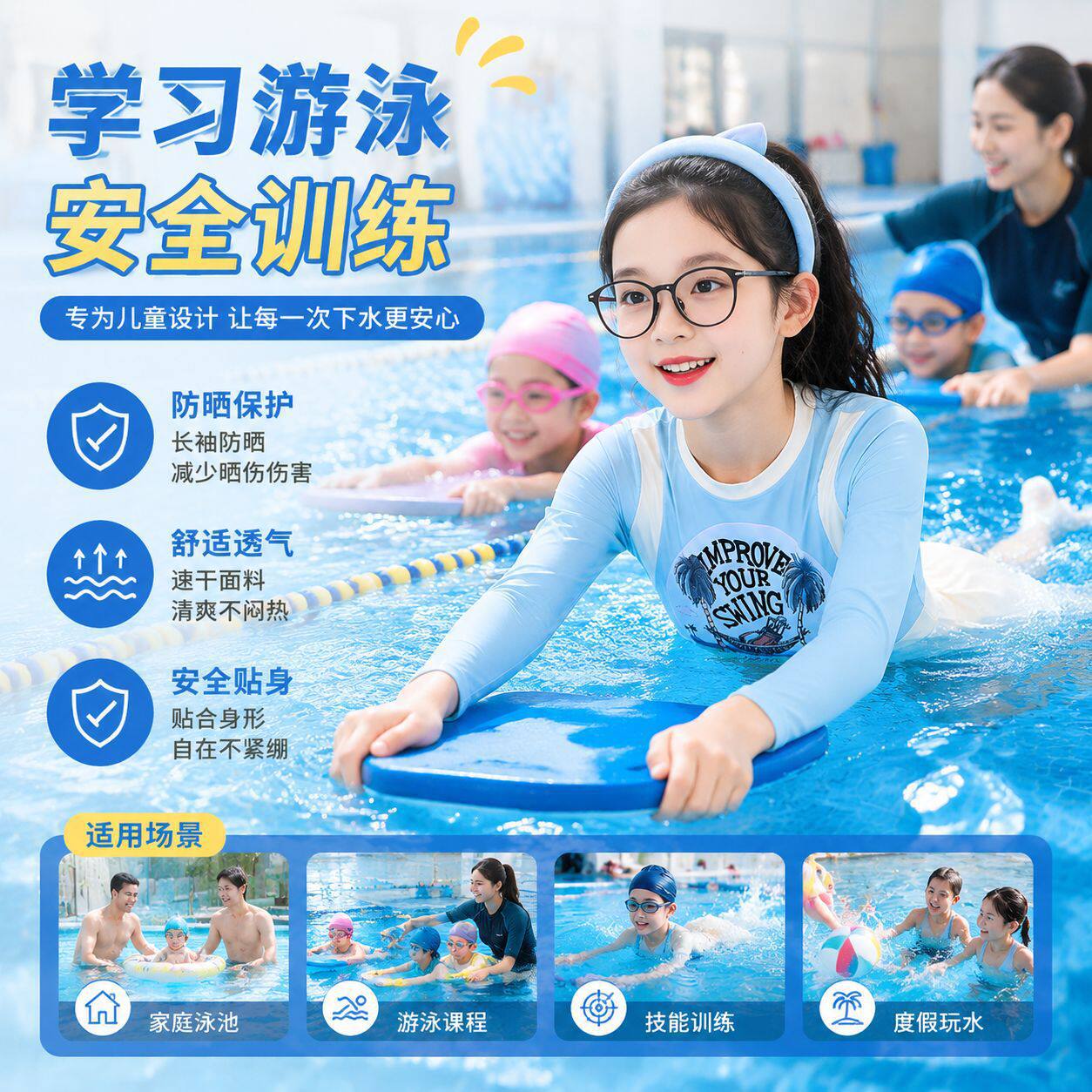 蓝黄撞色儿童连体泳衣长袖椰树印花高腰百褶裙女童防晒保守游泳装