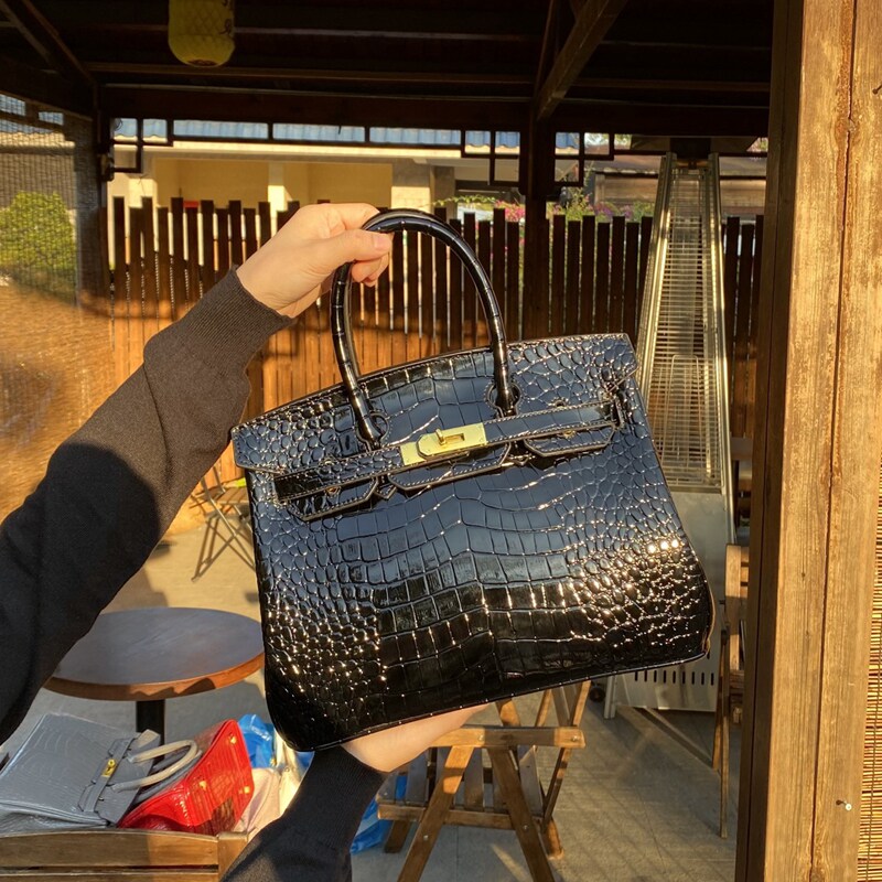 鳄鱼皮铂金包锁头手提单肩斜跨包