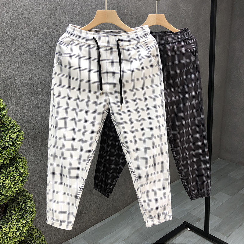 流行格子休闲裤男生夏季薄款青年九分裤男士精神小伙修身束脚裤子