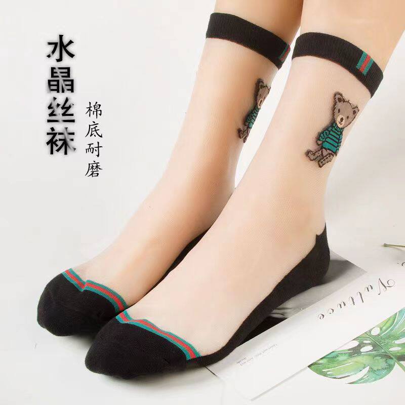 丝袜女春夏新品薄款纯棉底水晶丝甜美可爱小熊透明耐磨保暖中筒袜