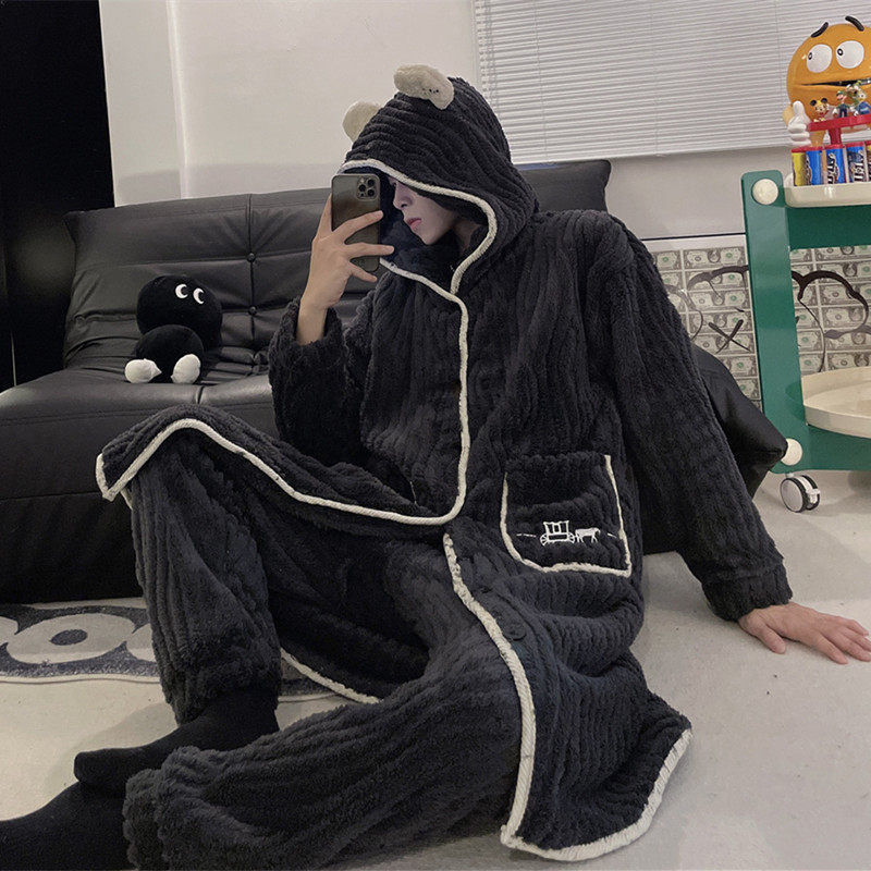 袍套男款珊瑚绒睡袍+长裤