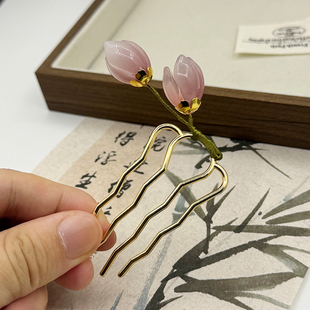 古风四齿u型发簪复古花朵簪子女金属波浪纹发钗气质简约头饰发饰