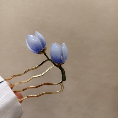 手工玉兰花四齿U型簪发饰