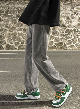 烟灰色冬季潮牌系绳牛仔裤男女宽松阔腿裤子潮男士港风水洗直筒裤