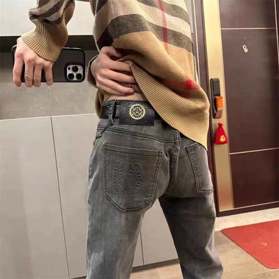 2025新款刺绣印花美人头牛仔裤男潮冬季穿搭修身小脚裤子百搭九分