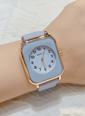 新款方形简约数字百搭时尚果冻硅胶手表学生考试防水石英ins清新