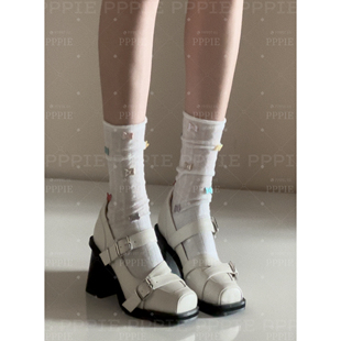 新款 8cm牛皮侧带扣件猪猪鼻孔春季 粗跟玛丽珍 艺高韩都 PPPIE