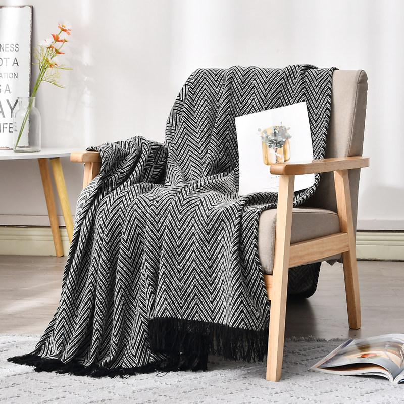 样板房轻奢黑白人字纹流苏搭毯床尾巾搭巾百搭客厅卧室床品装饰毯