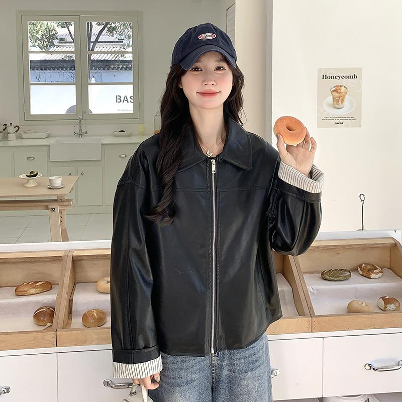 现货2025春季新款蛋白皮皮衣撞色条纹P145K198,女装短外套,时倾STUDIO