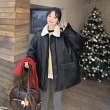 港风复古羊羔毛领PU皮羽绒服女2025年冬季新款显瘦加厚白鸭绒外套，女装皮衣，时倾STUDIO