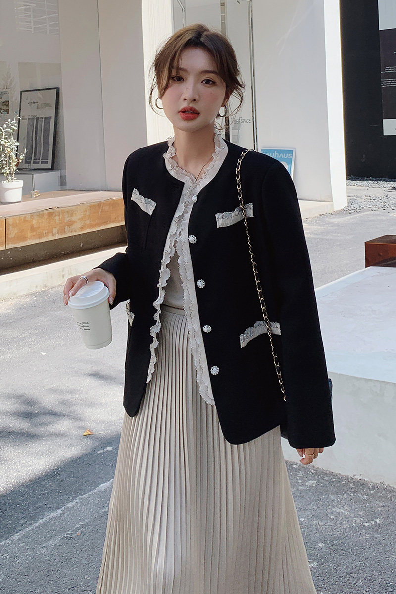 高级感蕾丝拼接小香风外套女2025春季新款韩系时尚气质小个子上衣,女装毛呢外套,时倾STUDIO