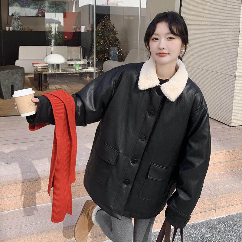 港风复古羊羔毛领PU皮羽绒服女2025年冬季新款显瘦加厚白鸭绒外套,女装皮衣,时倾STUDIO