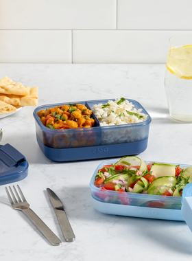 美国代购Ello双层塑料饭盒密封防漏上班带饭午餐分格便当盒含餐具