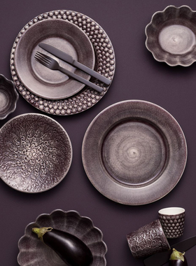 瑞典Mateus超美梅子色繁复花纹浮雕泡泡圆点陶瓷盘子西餐碟子杯子