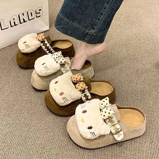 厚底一字包头拖外穿 女2026年春秋季 可爱豹纹卡通KT猫博肯鞋 拖鞋