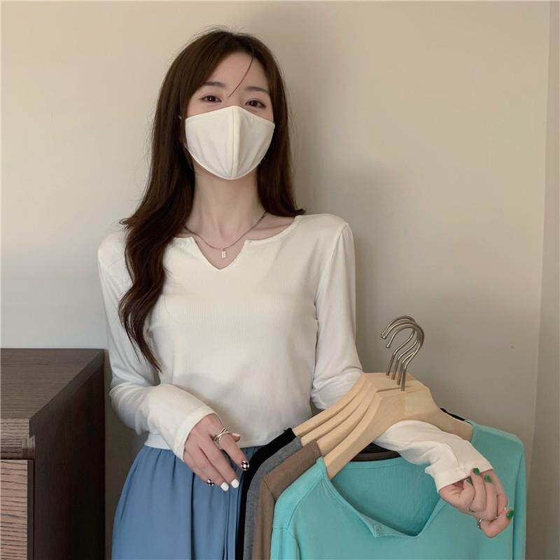 小众v领长袖t恤女春季2025年新款韩版显瘦灰色打底衫心机短款上衣