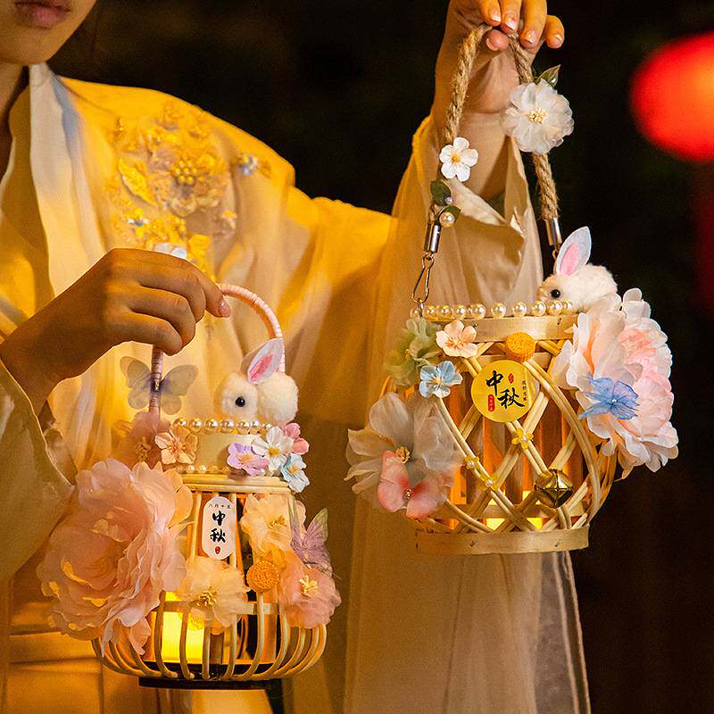 中秋节灯笼藤编古风手提花灯di节日装扮用品