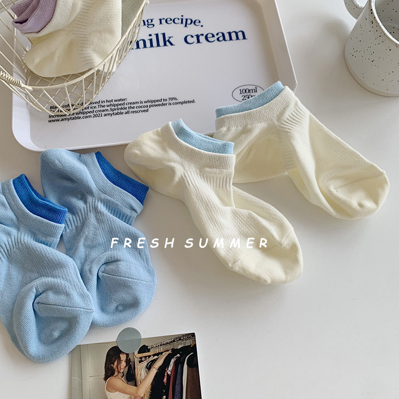 纯色ins风拼色运动网眼纯棉船袜