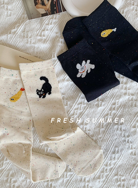 2双装~纯色点子纱中筒袜卡通猫咪个性插画ab袜子女黑色秋冬堆堆袜