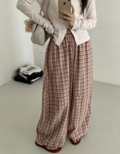 2026夏新款女韩系松紧腰显瘦遮肉百搭长裤慵懒松弛感格子裤弯刀裤