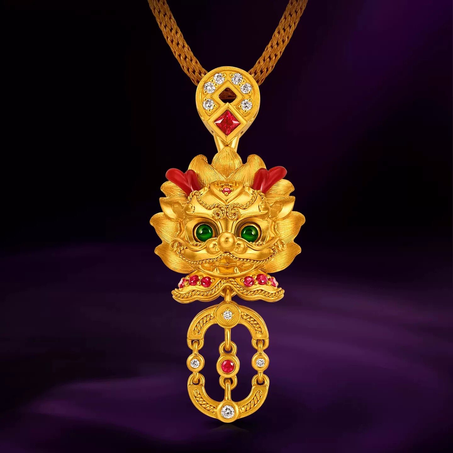 宫廷质造麒麟招财吊坠足金钻石红宝石项链古法金挂坠礼物定制送礼