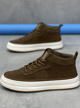 男鞋2025秋季新款透气保暖高帮板鞋男士运动休闲鞋磨砂真皮运动鞋