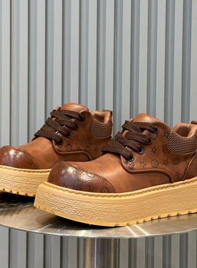 轻奢男鞋2025新款冬季加绒鞋高帮休闲皮鞋大头工装鞋厚底马丁短靴