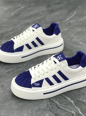 男鞋2025秋季新款潮牌三道杠厚底松糕小白鞋潮网红贝壳头软休闲鞋