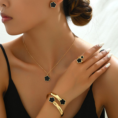 简约小清新五叶草花开口手镯戒指项链耳钉日韩气质时尚百搭饰品潮