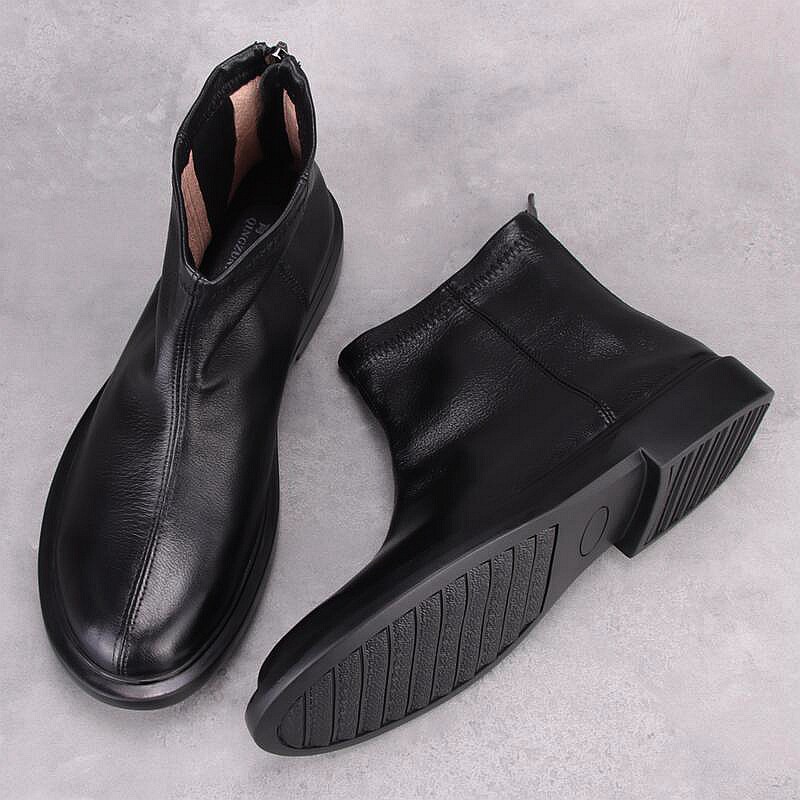 外贸真皮男士马丁靴秋冬新款英伦切尔西靴头层牛皮高帮拉链机车靴