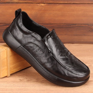 外贸真皮男鞋秋季新款一脚蹬手抓纹牛皮软底商务休闲皮鞋男爸爸鞋