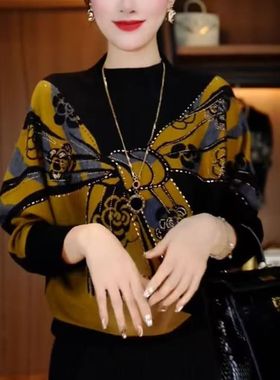 秋冬新款气质优雅印花长袖德绒中年妈妈装百搭舒适洋气保暖上衣女