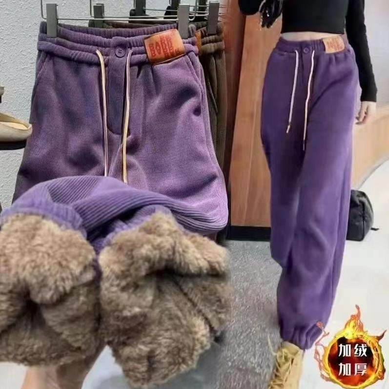 欧货加绒加厚男女羊羔绒大码哈伦裤秋冬雪尼尔宽松显瘦保暖休闲裤