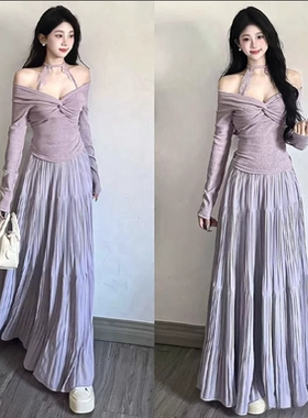 夏季新款紫色压褶半身裙女高腰显瘦a字遮胯大摆百褶沙滩长裙少女