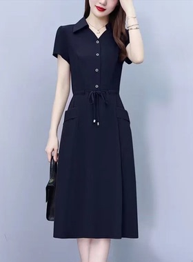 轻熟简约风中长款短袖妈妈装连衣裙女夏季收腰A字裙显瘦洋气时尚