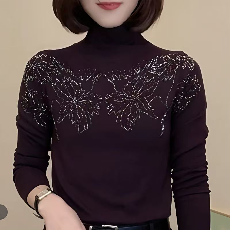 时尚半高领重工定位烫钻打底衫女