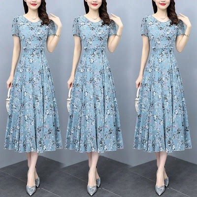 冰丝印花收腰短袖连衣裙女