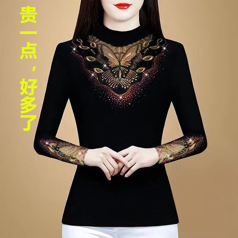 韩版蕾丝绣花打底衫女秋冬新款百搭时尚妈妈装上衣洋气减龄保暖衫