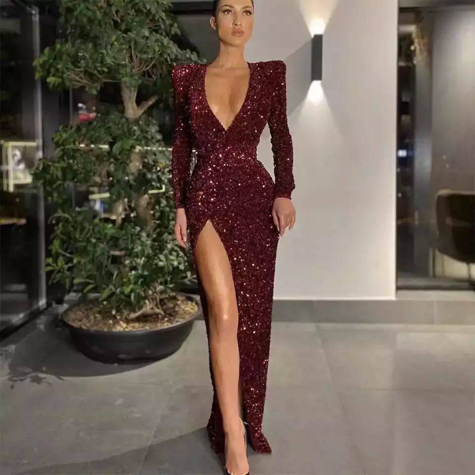 Women's long sleeved embroidered sequin split long skirt长裙