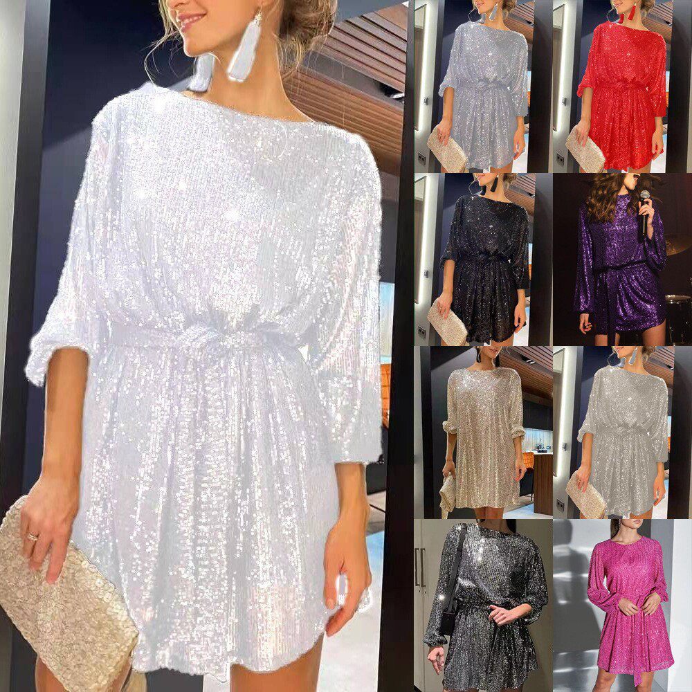 Fashion sequin waist cinched dress full dress欧美亮片连衣裙