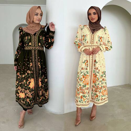新款跨境Muslim女装印花长袖连衣裙亚马逊速卖通热卖长袍