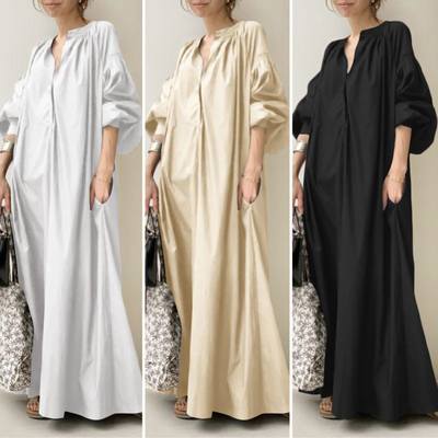 马来西亚服装复古V领棉麻长袖长袍连衣裙 Dubai women robe dress