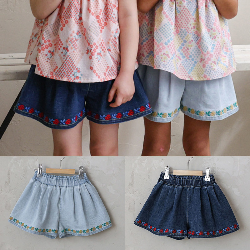 女童牛仔短裤夏季刺绣花卉休闲阔腿裤洋气女宝宝小女孩松紧腰热裤