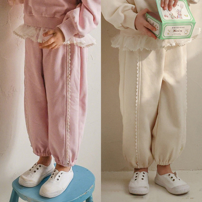 甜美可爱风女童花边束脚休闲长裤春秋新款洋气女宝宝小女孩运动裤