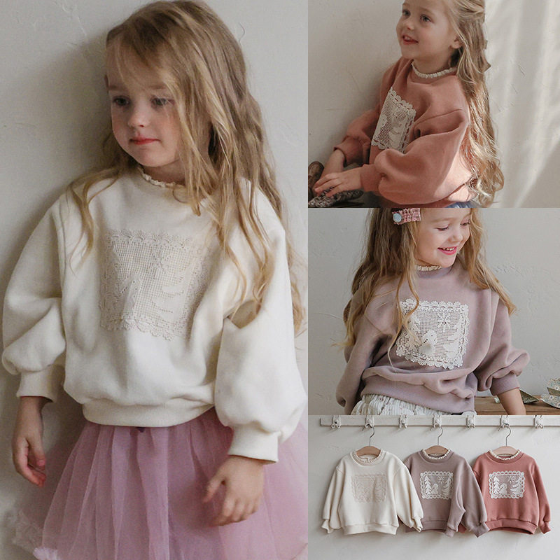 女童加绒卫衣秋冬新款韩版儿童蕾丝套头衫宽松宝宝小女孩保暖上衣