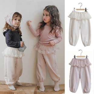 女童超好看卫裤春秋2025新款女宝宝假两件裙裤花边小女孩休闲长裤