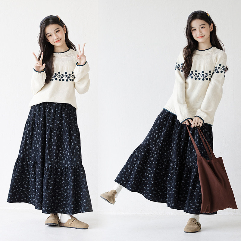 女童复古碎花半身裙秋冬新款磨毛加厚洋气大童女孩中长款大摆裙子,童装/婴儿装/亲子装,半身裙,淘宝优惠券,粉丝福利购,淘宝优惠卷