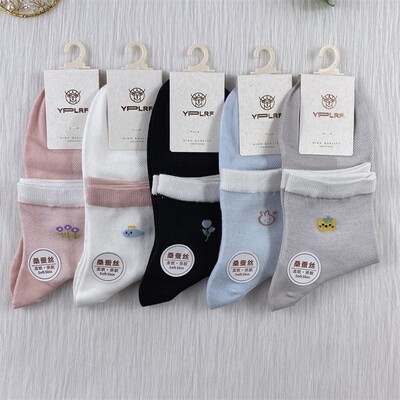 YPLRF女袜子春夏桑蚕丝网眼中筒袜莫代尔薄款少女无骨休闲袜6028