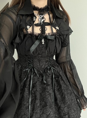 万圣节轻哥特lolita暗黑提花收腰挂脖连衣裙芭蕾风蓬蓬裙生日短裙