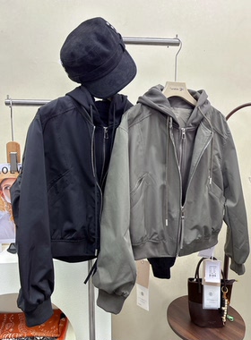 早秋连帽假两件百搭休闲棒球服外套夹克韩版设计感宽松潮3532璐